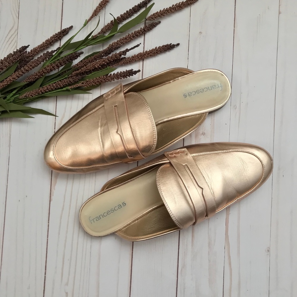 Francesca’s Rose Gold Mule Slides Trendy Chic